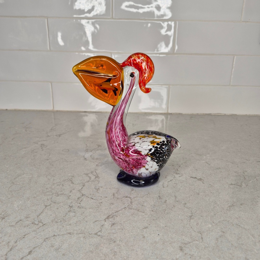 Pelican Figurine Art Glass Fish In Beak Multicolor Murano Style